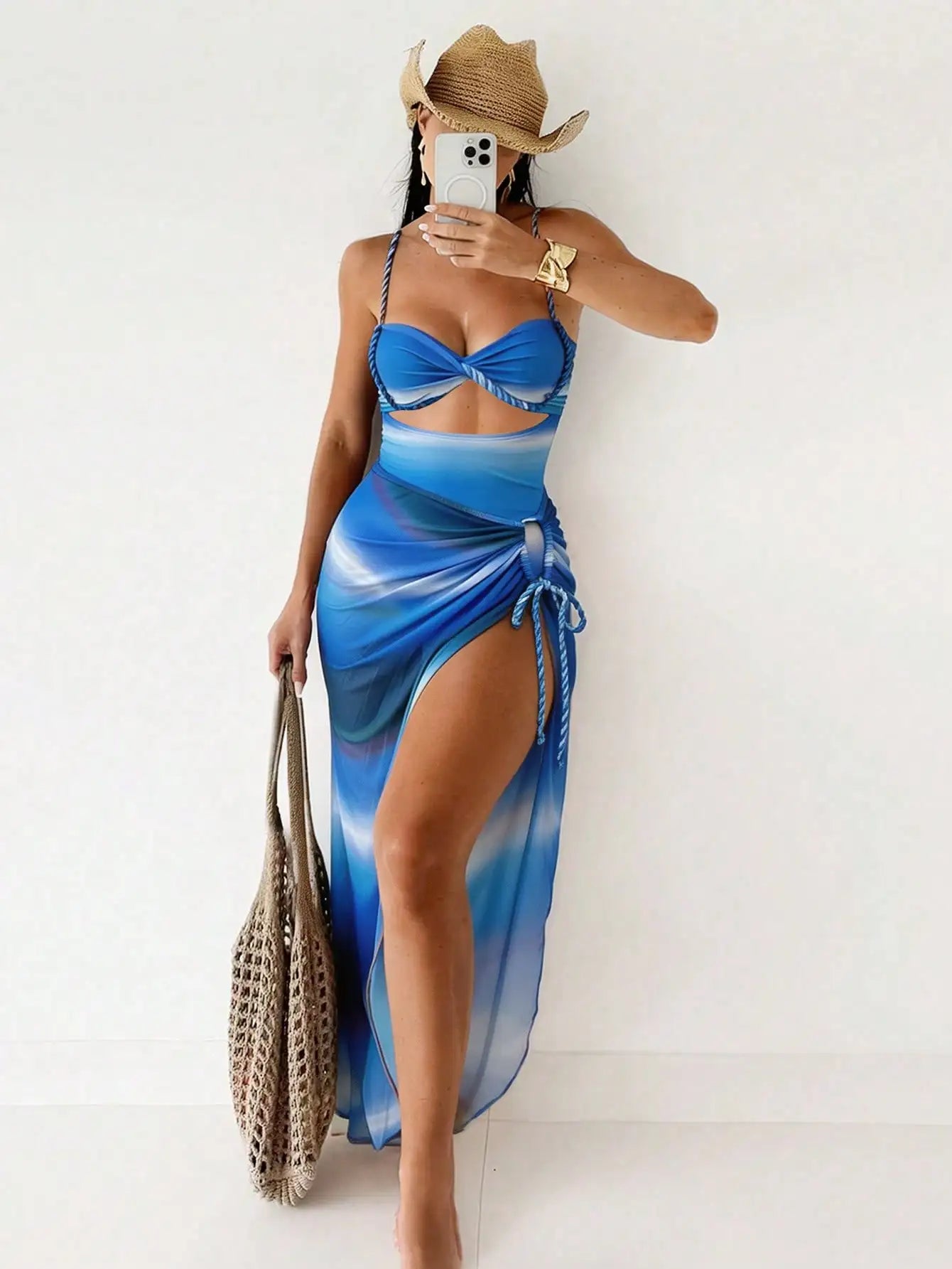 Bonvoyette Summer New Women 2pcs Gradient Strap Tie Side Bikini Set, Halter Top & Beach Skirt