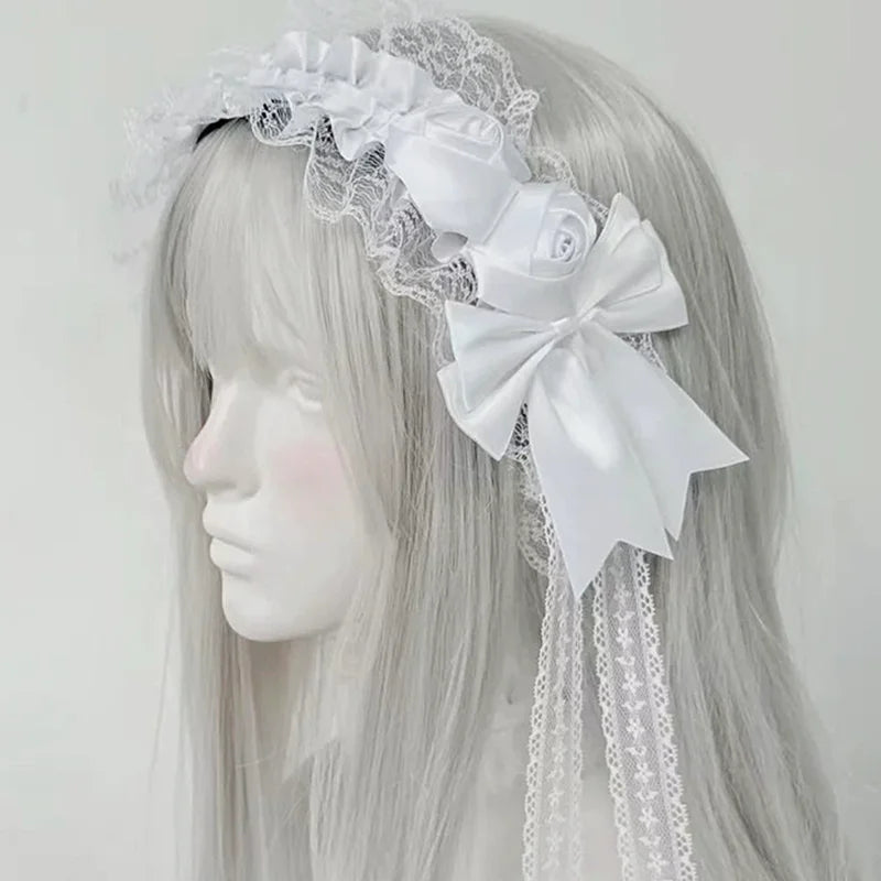Lolita Gothic Black Lace Headband with Rose Bow Hairpins Victorian Satin Flower Hair Accessory for Women Cosplay Halloween Gifts