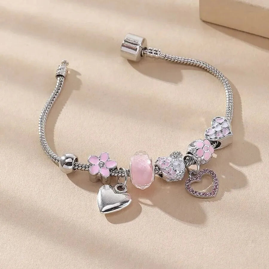 Love Heart Flower Glass Pendant Charm Bracelet Classic Pink White Crystal Stone Adjustable Bead Bracelet Silver Gold Color