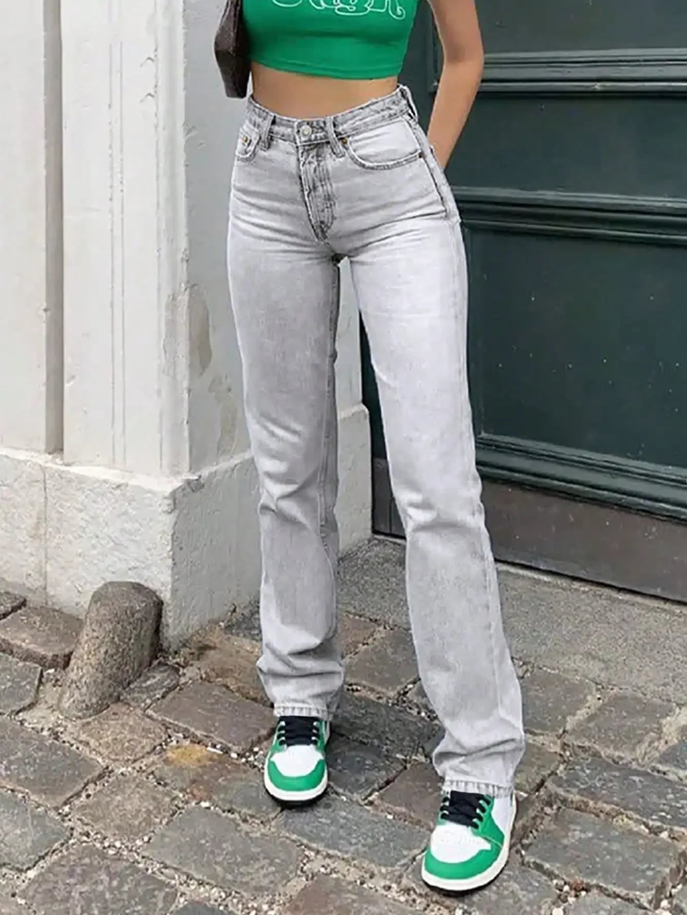 High Waist Stretch Straight-Leg Denim Jeans for Women - Light Wash, Vintage Style