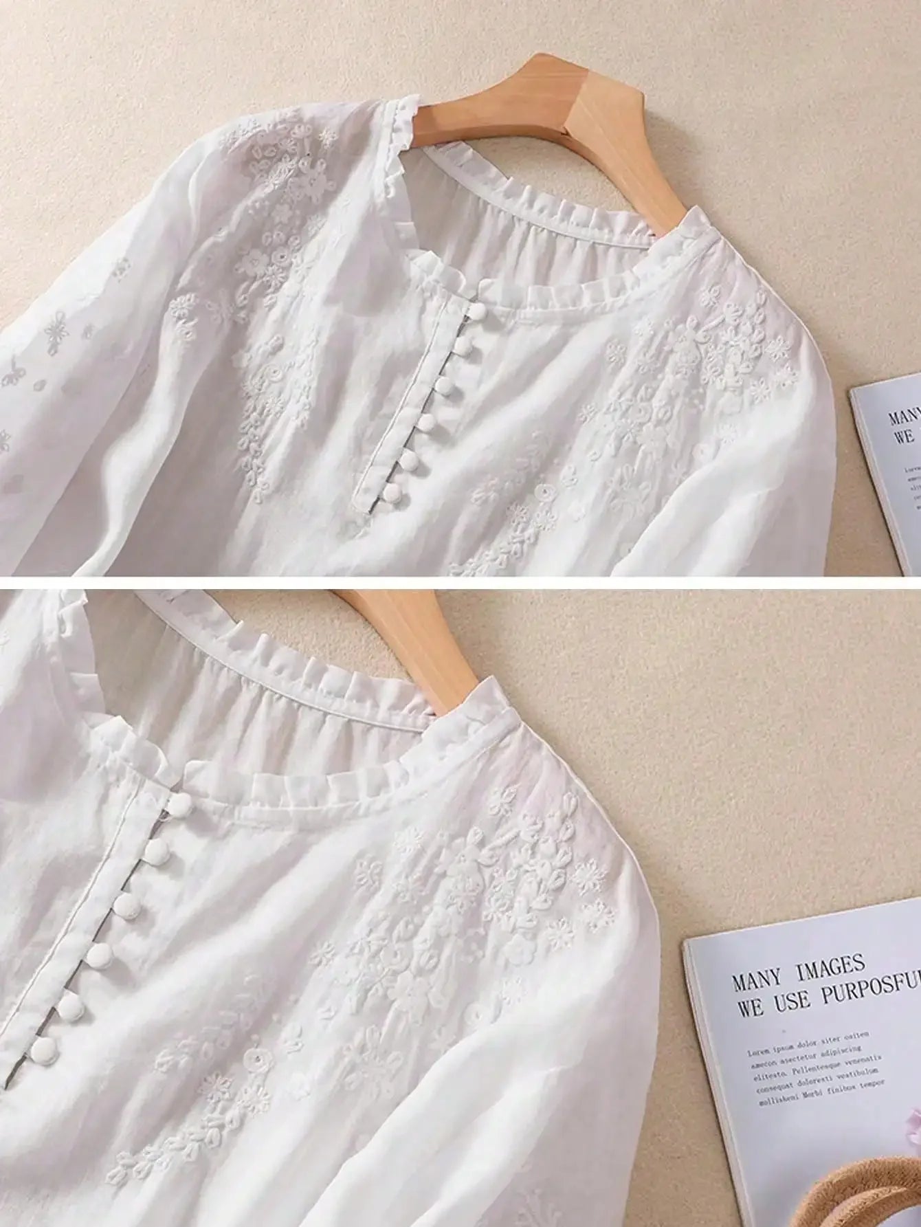 Women Embroidered Loose Bohemian Mid-Sleeve Blouse Solid White