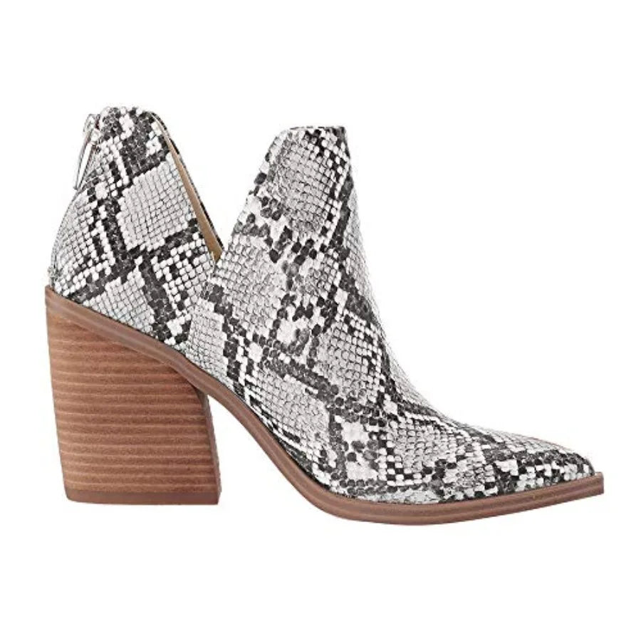 Kathemoi Womens Slip on Ankle Boots V Cutout Pointed Toe Chunky Stacked Mid Heel Booties