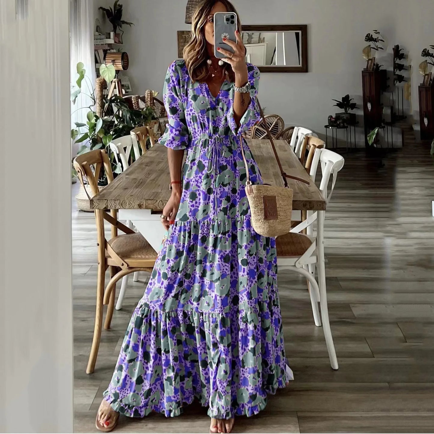 Women's Summer New Fashionable Printed Sexy V-neck Long Sleeve High Waist Elastic Waist Medium Length Bohemian Dresses