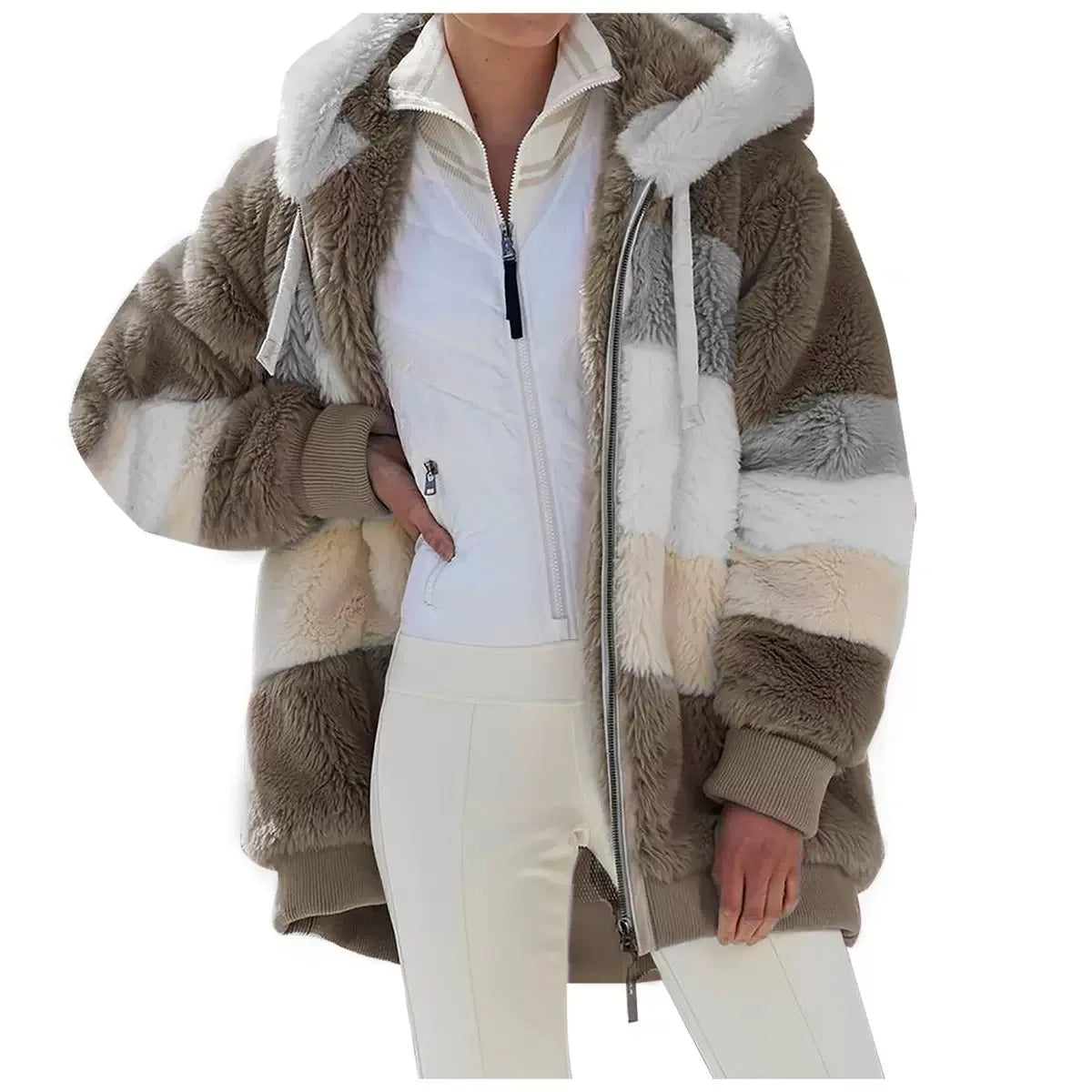 Winter and autumn warm plush quilted zipper pocket hooded loose-fitting women's coat