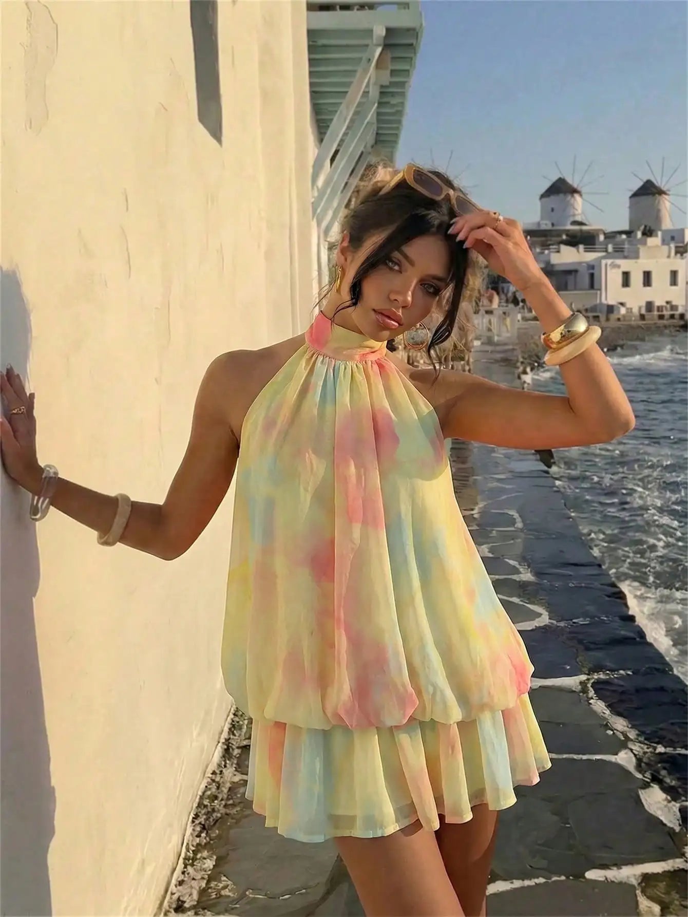 Aloruh Women's Elegant Light Yellow Halter Tie Mini Dress,Beige Summer Party Dresses,Wedding Guest,,Night Out,Birthday,Sun Dress,Island Vacation Outfit