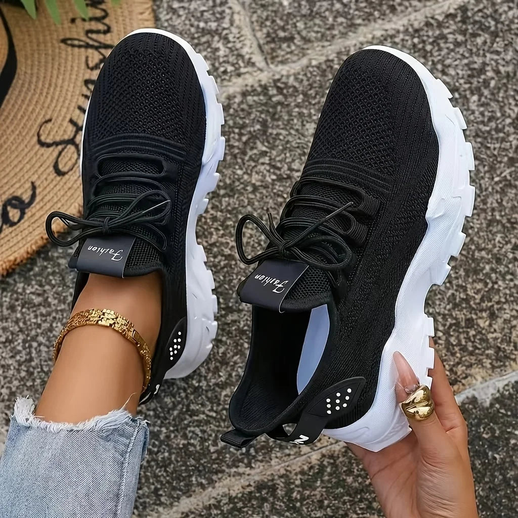 Women Chunky Platform Dad Sneakers, Knit Mesh Lace Up Wavy Sole Casual Shoes, Thick Bottom Non-slip Walking Trainers, Breathable Lightweight Fashion Athletic Shoes, Versatile Daily Outdoor Running Footwear For All Seasons