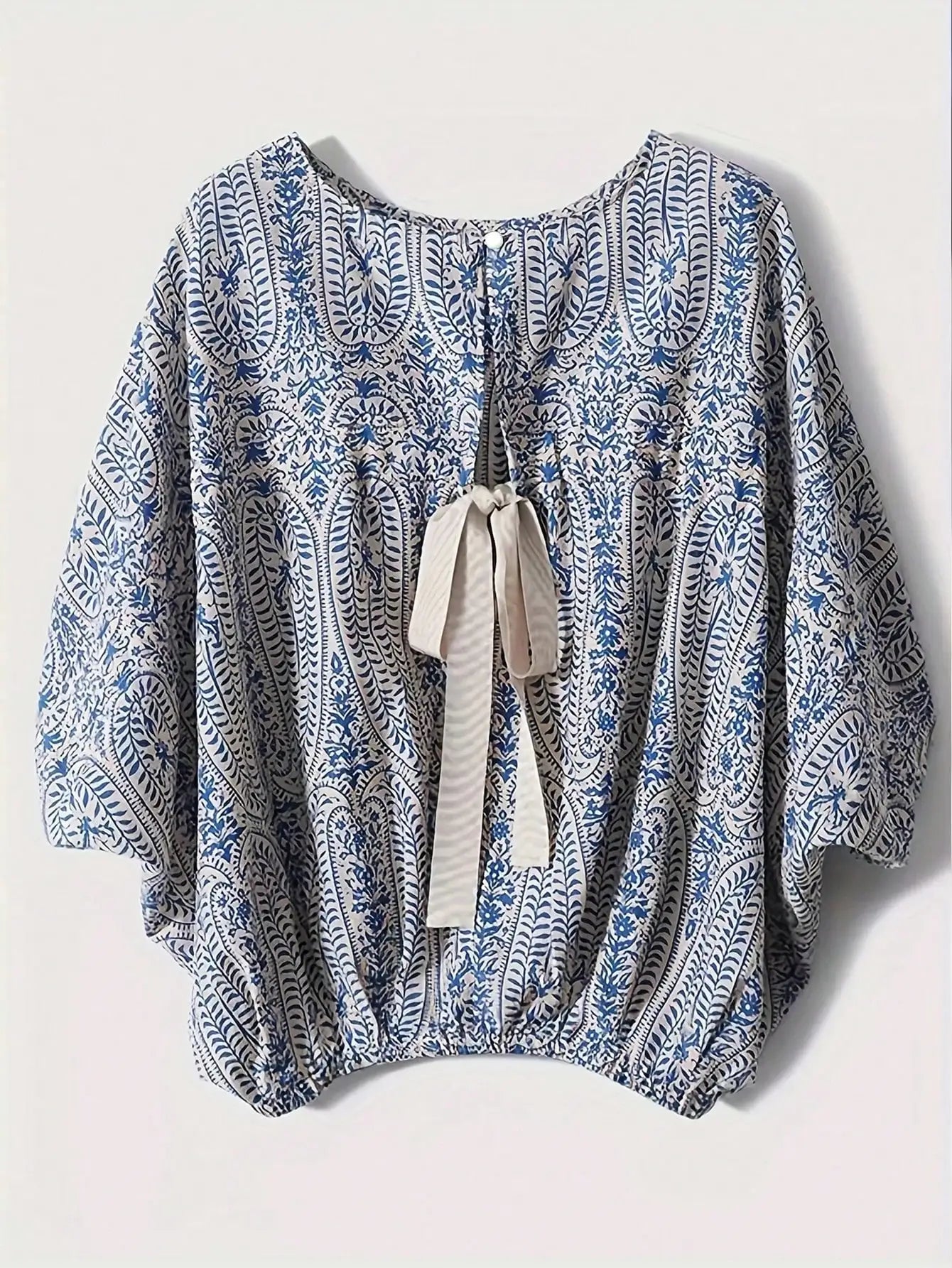 Women Blue White Paisley Print Lantern Sleeve Loose Round Neck Polyester Blouse Summer