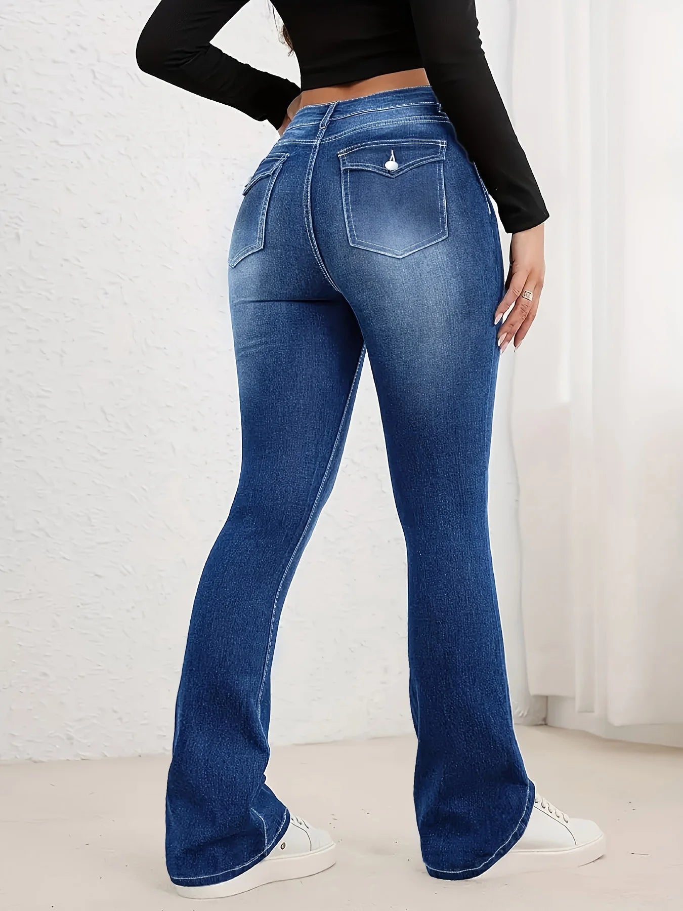 Women's Plus Size Dark Blue Washed Side Double Row Button Detail Denim Flare Pants, Stretchy Hip-Lifting Retro Commute Pants