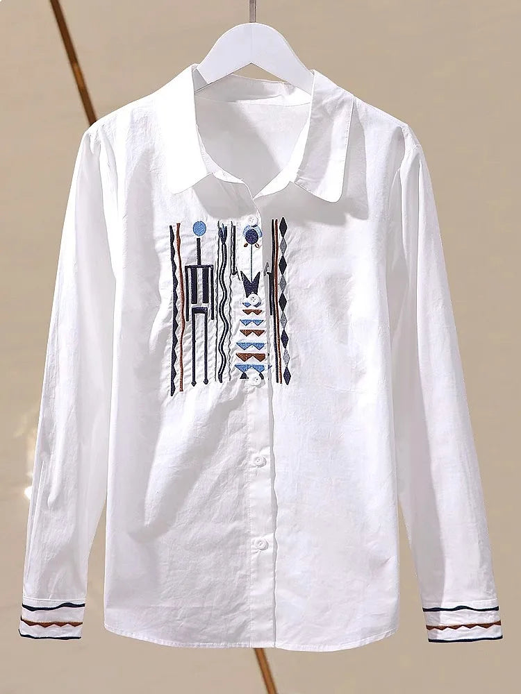 Designer-Inspired Vertical Stripe Slim-Fit Pure Cotton Embroidered Shirt Women Long Sleeve Blouse Ethnic Style