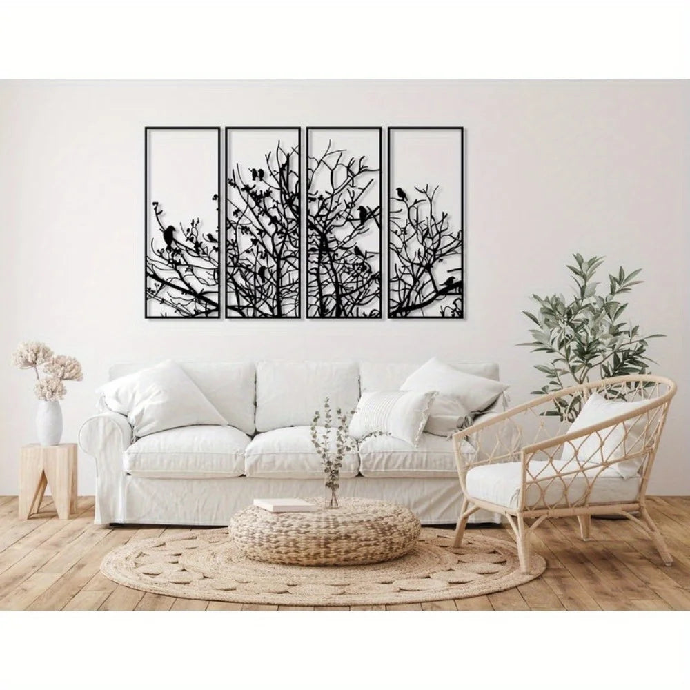 4 Panels Tree of Life Decor Mid-Century Tree Decor Large Black Unique Minimalist Home Decor Great Housewarming Perfect for Gift