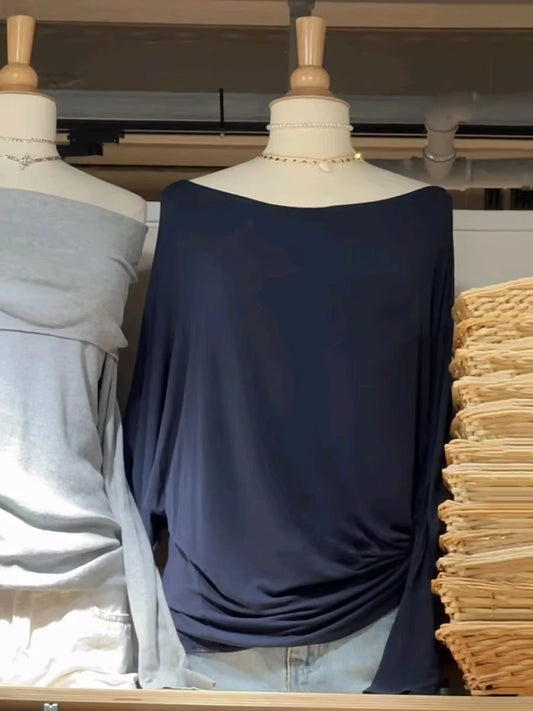 Navy Long Batwing Sleeve T-shirts Woman Sweet Slash Neck Cotton Tee Shirts Female Casual Simple All-match Tshirts Y2k Tops