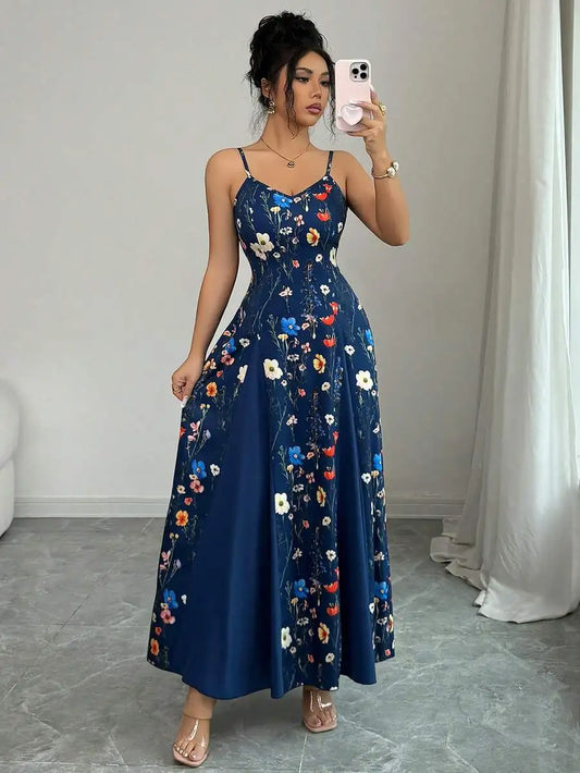 Womens V-Neck Floral Print Sleeveless Long Sundress Blue Casual Maxi Dress