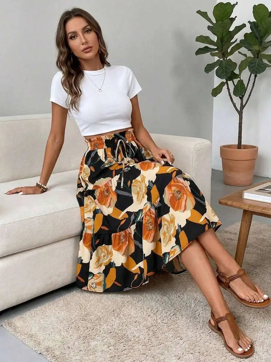 Boho Floral Print Tiered Ruffle Midi Skirt Women High Waist Elastic A-Line Flowy Summer Skirt