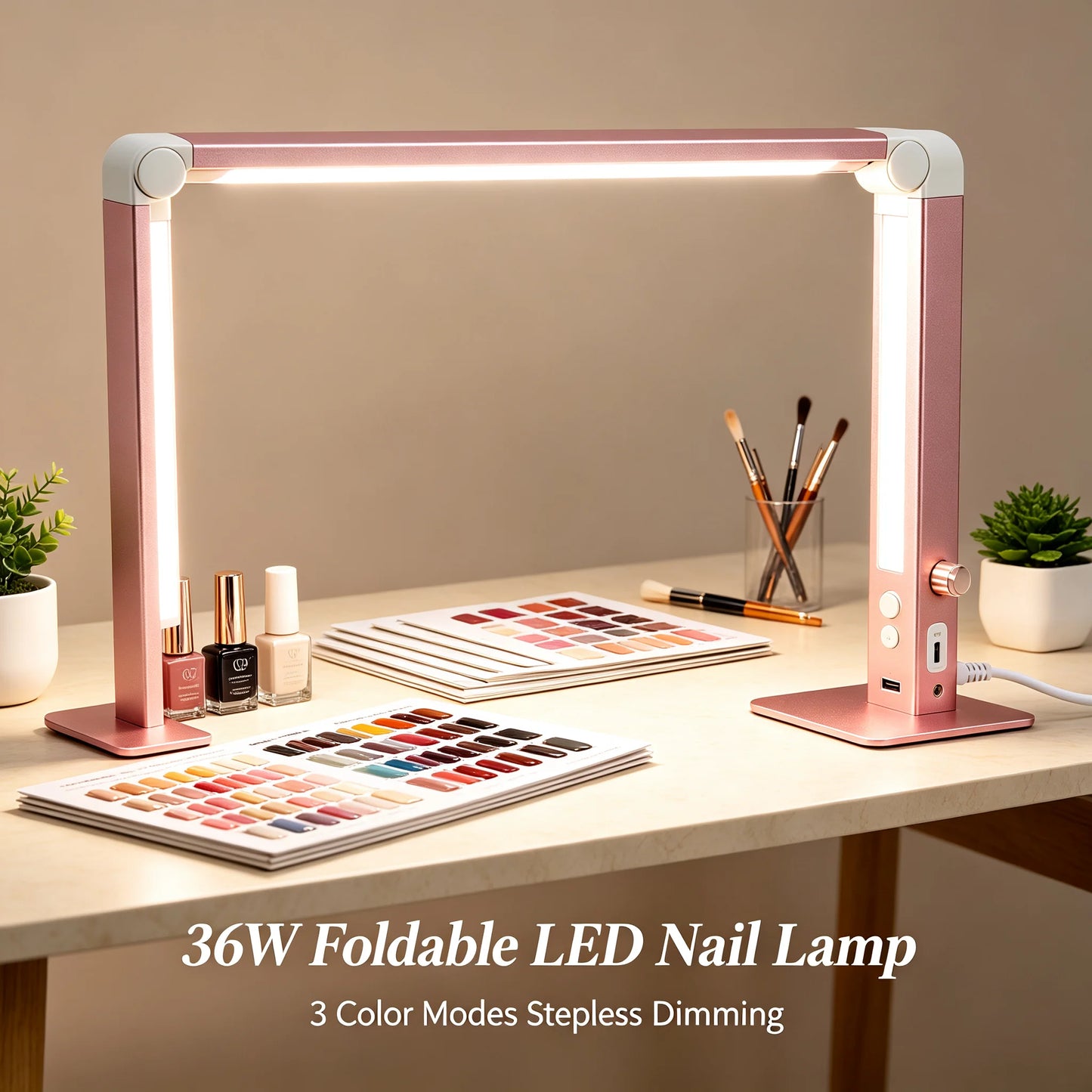 Square Foldable LED Nail Desk Lamp 36W, Half-Moon Manicure Light with Stepless Dimming & 3 Color Temperatures, 3000LM 480 Beads for Nail Art Eyelash Extension, Pink