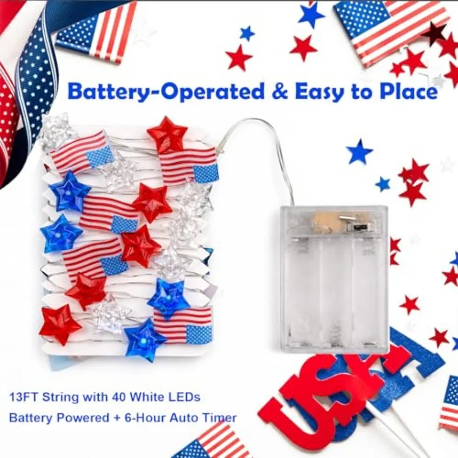 4th of July Decorations Star American Flag Lights 13Feet 40LED Fairy String Lights Battery Operated with Timer Fourth of July D