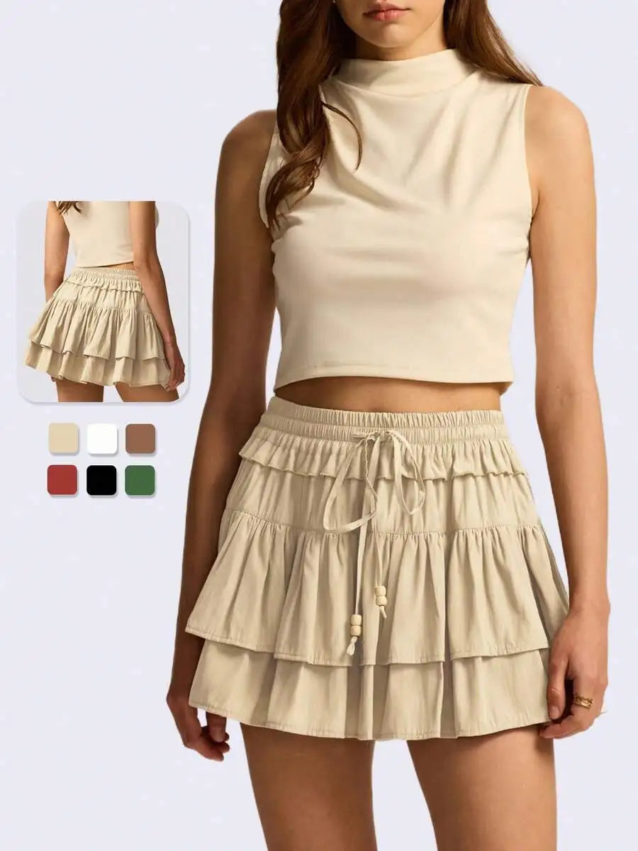 Womens High Waist Tiered Ruffle Mini Skort With Drawstring And Built-In Shorts
