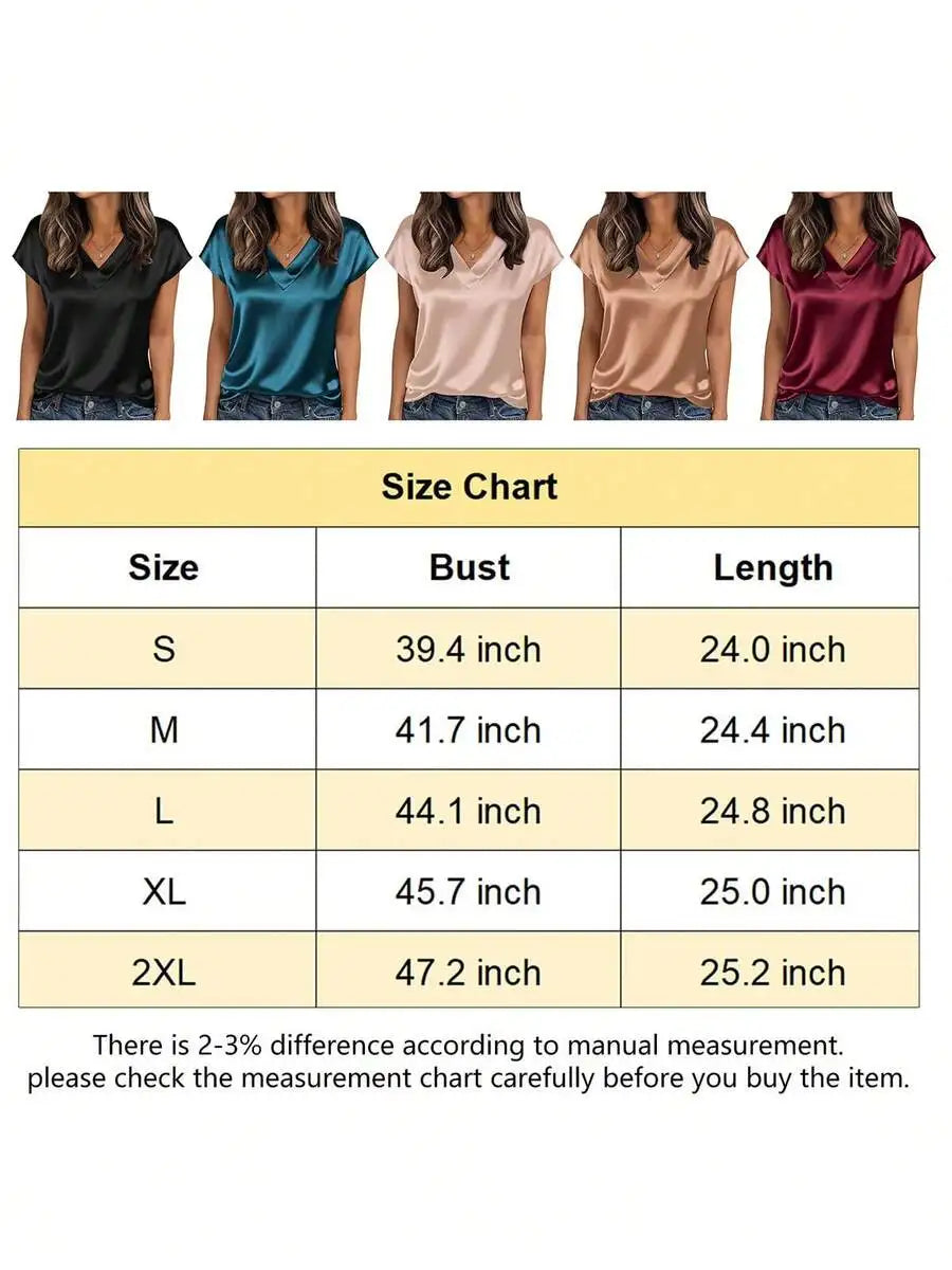 Women V Neck Satin Blouse Short Sleeve Loose Business Casual Top