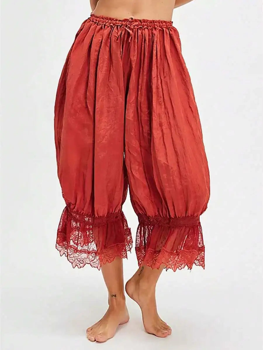Women Lace Trim Elastic Mid Rise Cropped Flared Bloomers Pantaloons