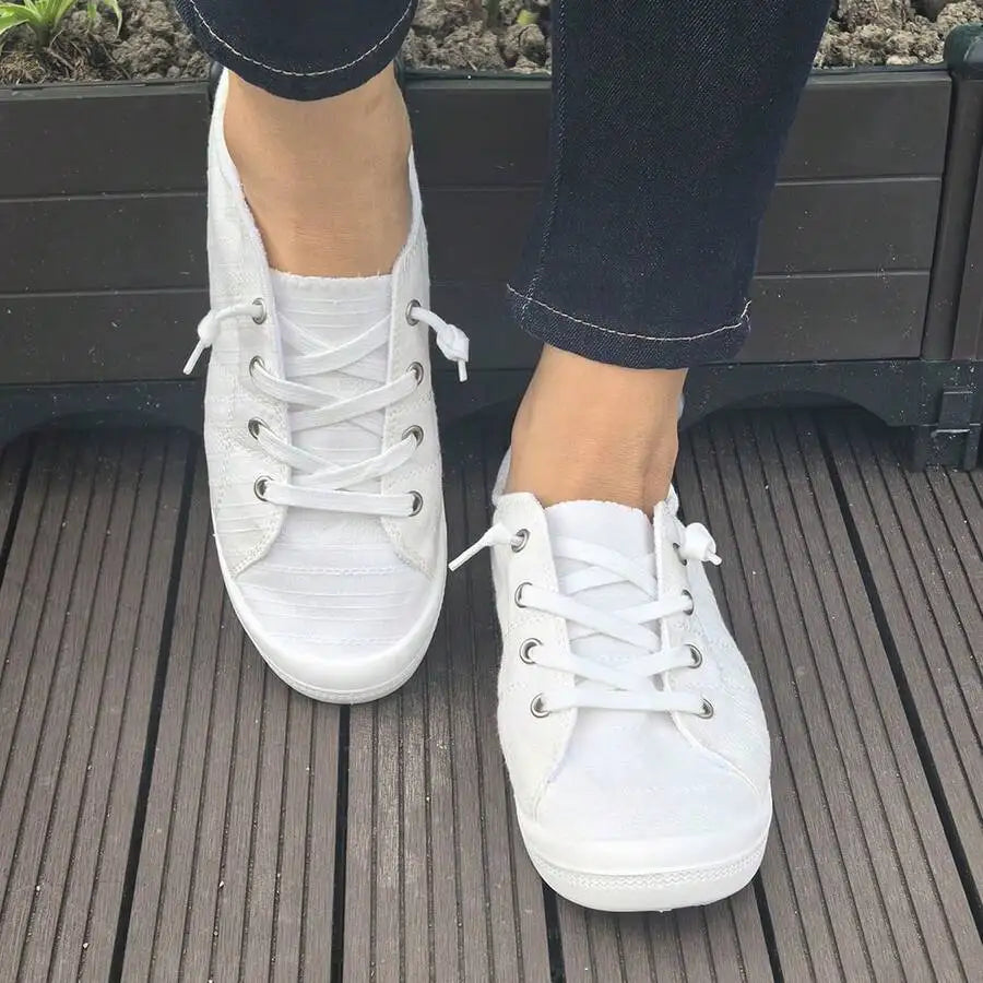 Womens White Lace-Up Flat Canvas Shoes Comfortable Casual Sneakers Spring Summer