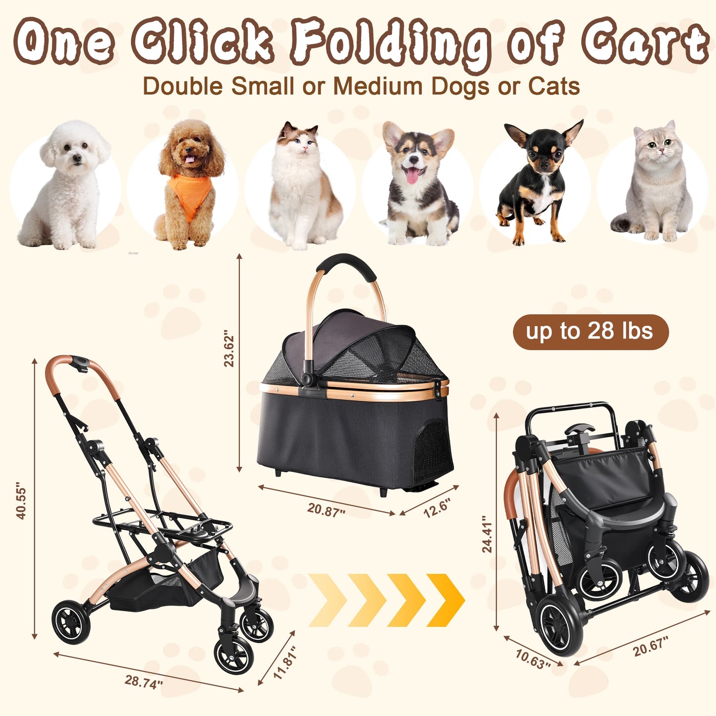 Pet Stroller for Dogs and Cats 2-in-1 Detachable Foldable 4 Wheels Pet Stroller Quick One-Hand Fold Storage Basket Detachable Carry Basket with Sun Canopy