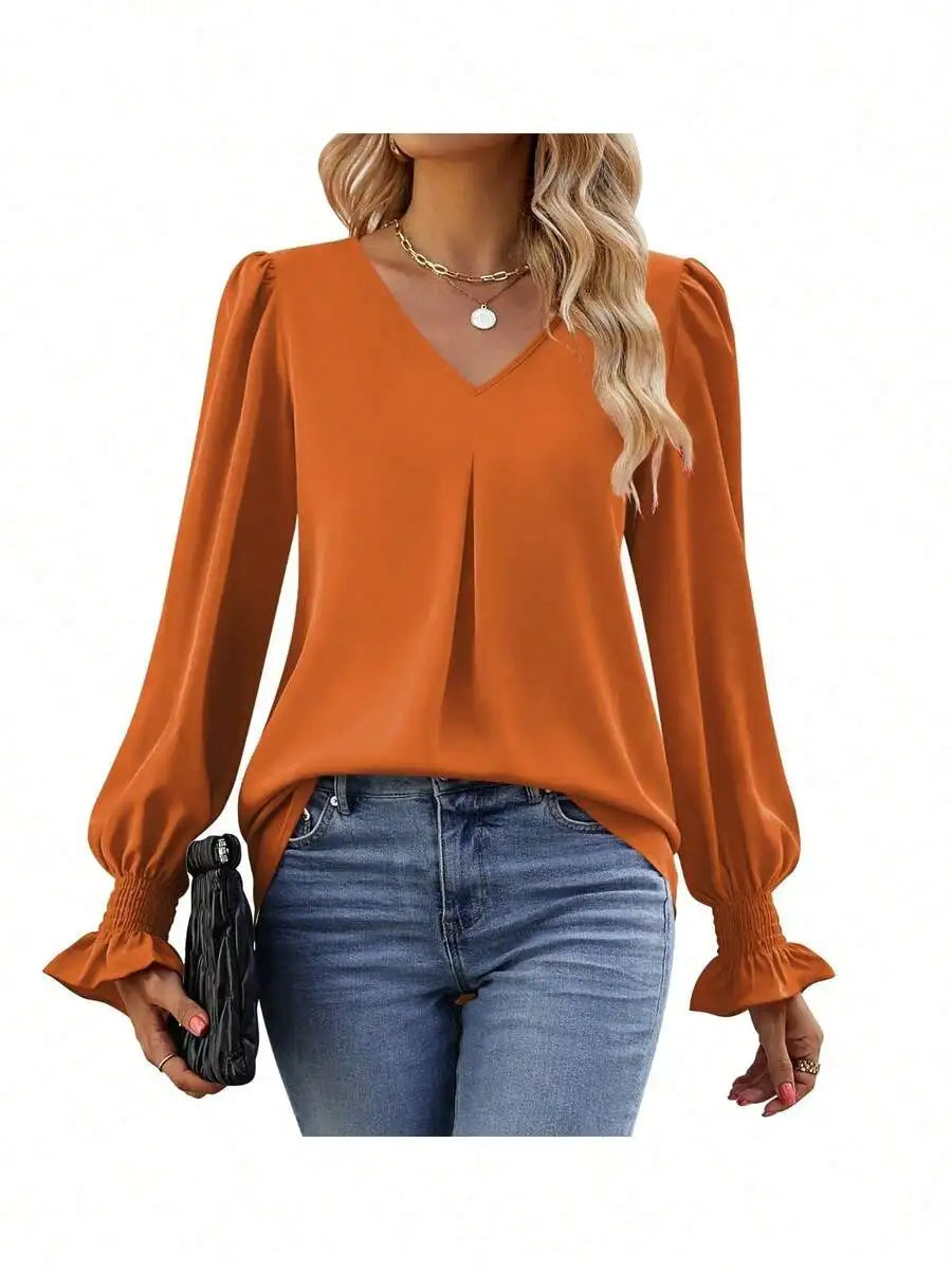 Womens Long Sleeve V Neck Loose Chiffon Blouse Casual Elegant Tunic Top