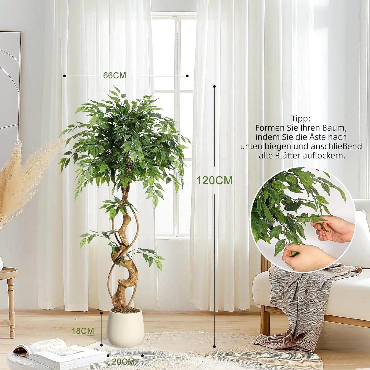 Artificial Ficus Tree 120/150/180cm with White Planter, Large Faux Weeping Fig with Curved Trunk and 1860 Silk Leaves, Lifelike Indoor Plant for Living Room Bedroom Office Decor, No Maintenance