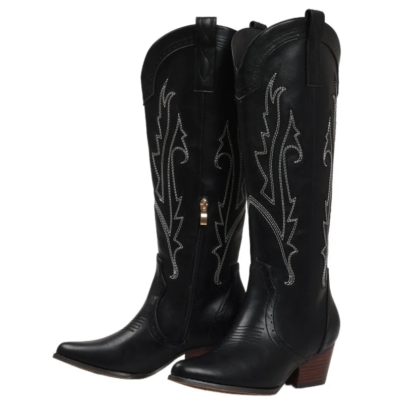 Women's Western Cowboy Boots - Knee High Embroidered Pointed Toe Cowgirl Boots with Side Zipper & Chunky Block Heel