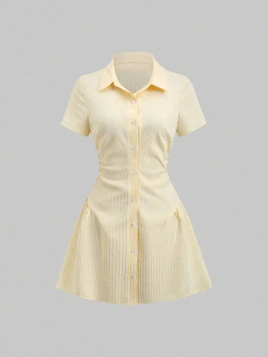 Yellow Short Sleeve Shirt Dress With Button Front And Flared Skirt For Summer