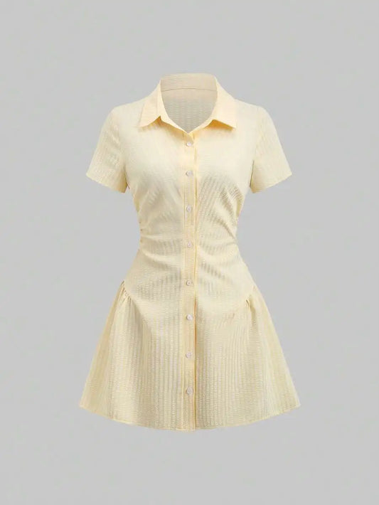 Yellow Short Sleeve Shirt Dress With Button Front And Flared Skirt For Summer