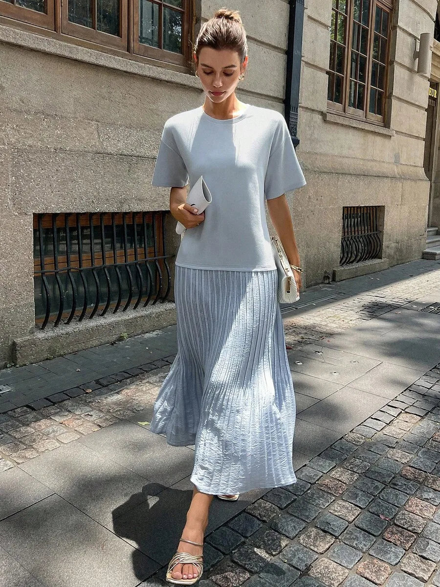 Women Pleated Maxi Dress Short Sleeve Loose Casual Summer Modest Dress
