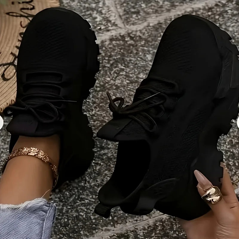 Women Chunky Platform Dad Sneakers, Knit Mesh Lace Up Wavy Sole Casual Shoes, Thick Bottom Non-slip Walking Trainers, Breathable Lightweight Fashion Athletic Shoes, Versatile Daily Outdoor Running Footwear For All Seasons