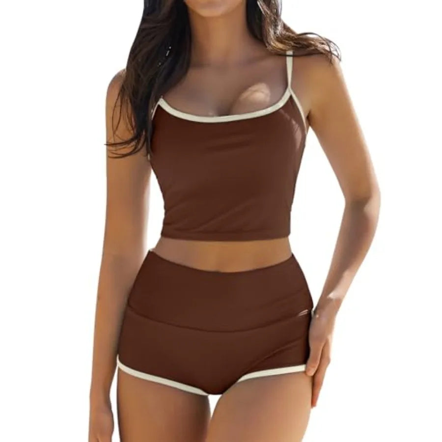 QINSEN Women's Two Pcs Swimsuit Spaghetti Strap Crop Top with High Wasited Boyshort Style Bikini Bottom