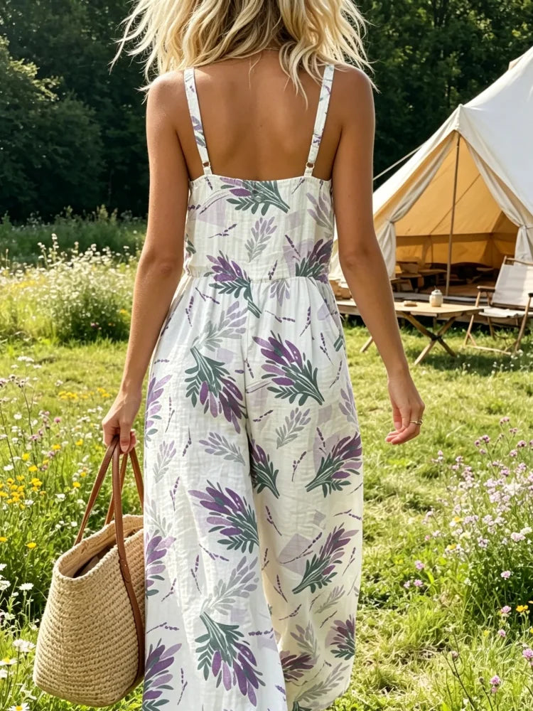 Women Lavender Floral Print Spaghetti Strap Jumpsuit Square Neck Elastic High Waist Wide Leg Pants With Pockets Boho Summer Vacation Romper