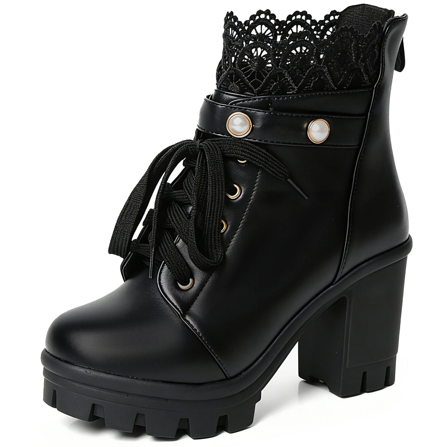 Platform Boots For Women Black Chunky Boot Goth Ankle Booties Bead Lace Lolita Dress Shoes With Zipper