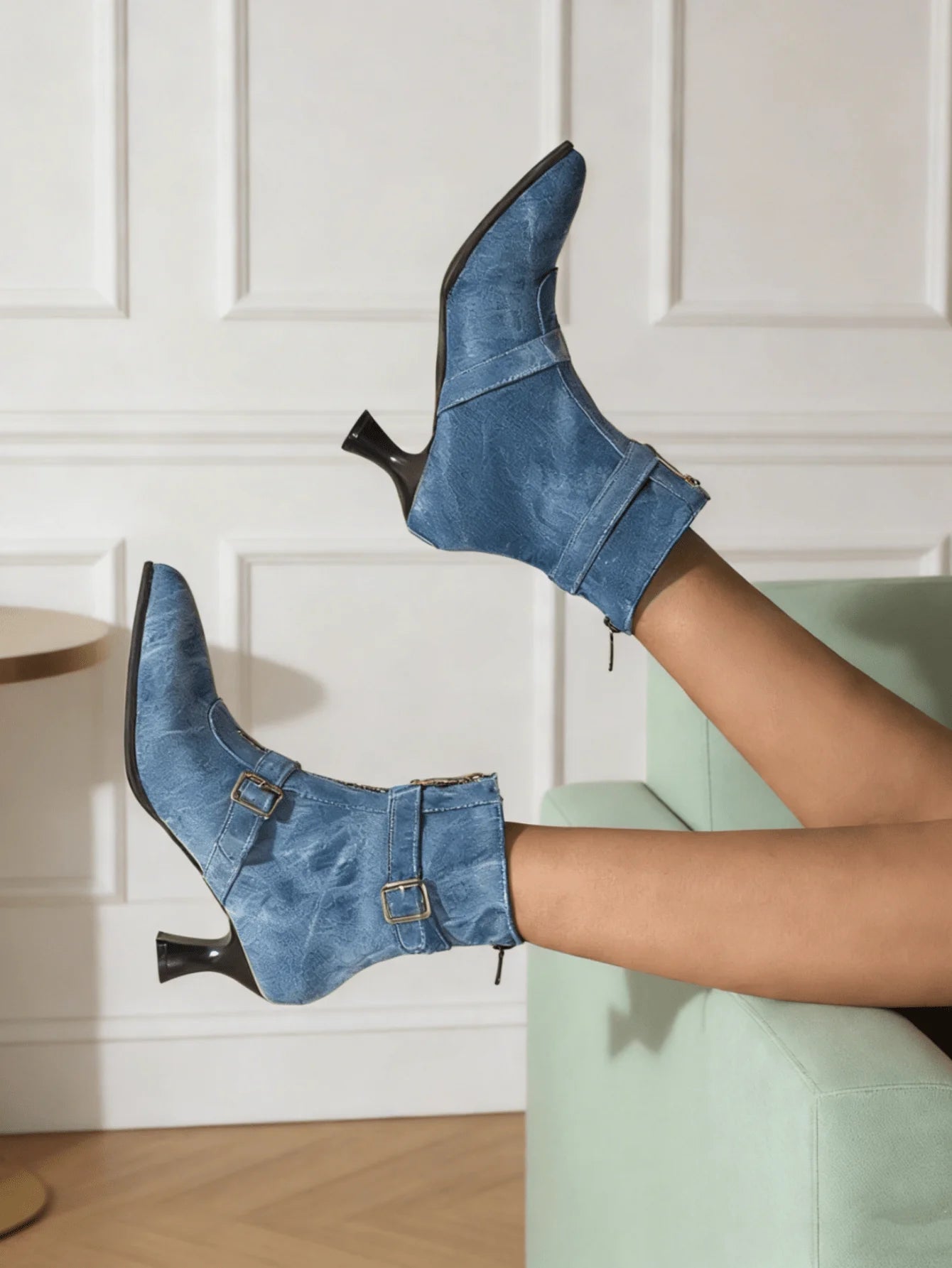 Denim Ankle Boots With Zipper And Buckle Strap Low Kitten Heel Pointed Toe Women Casual Dress Shoes