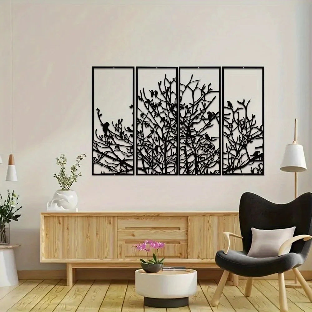 4 Panels Tree of Life Decor Mid-Century Tree Decor Large Black Unique Minimalist Home Decor Great Housewarming Perfect for Gift