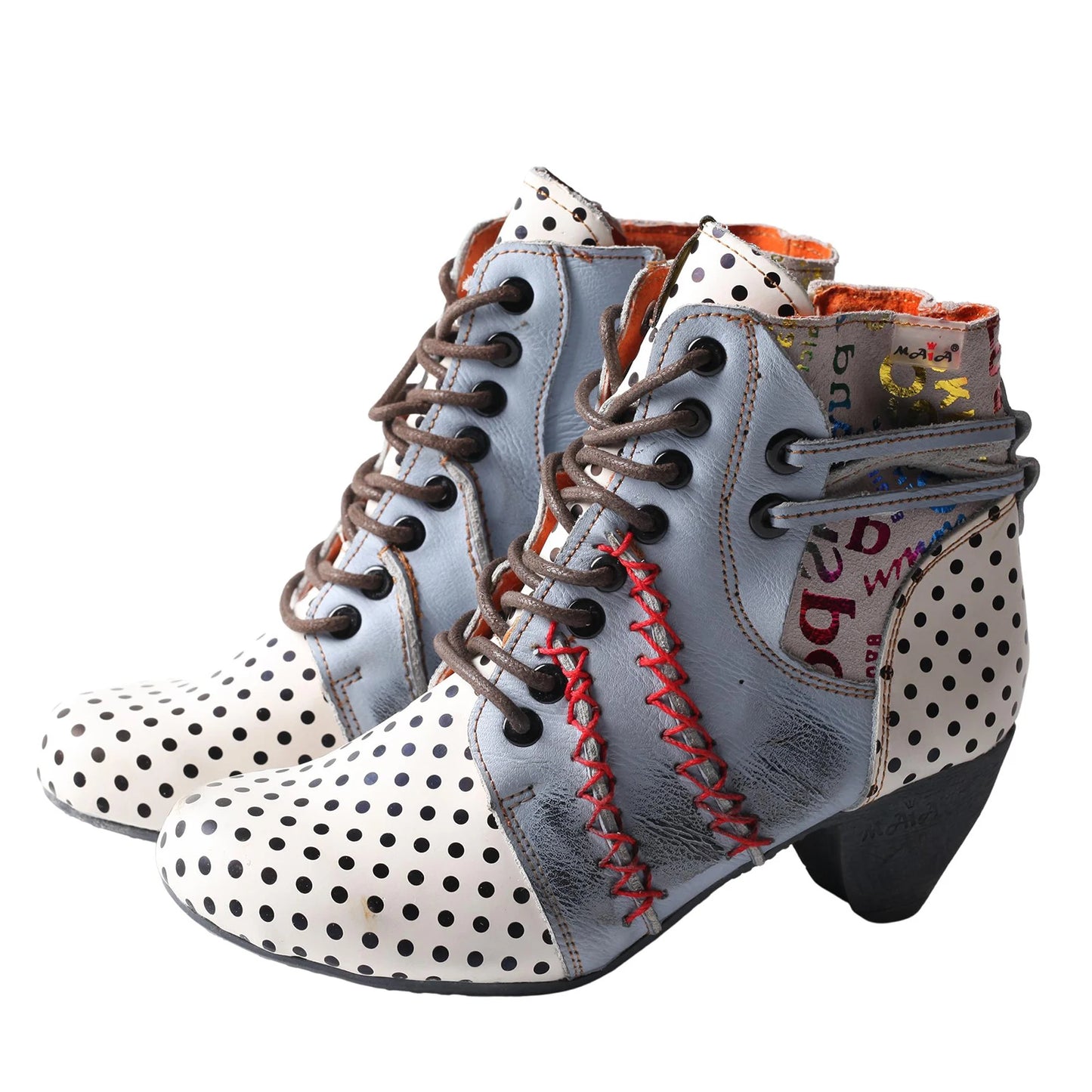 TMA EYES Women's Retro Polka Dot Mid Heel Boots Spring Autumn Winter Fashion Patchwork Chunky Heel Side Zipper Ankle Boots
