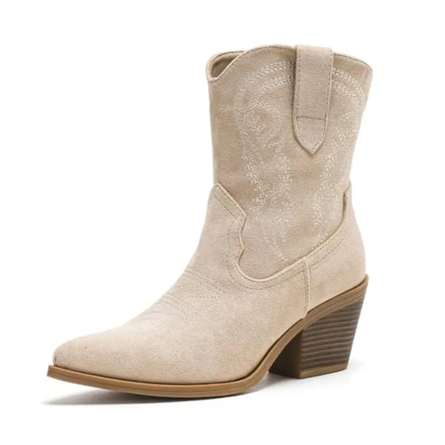 Cowboy Ankle Boots for Women, Western Booties with Pointed Toe and Embroidery, Stylish Short Booties for Casual and Party