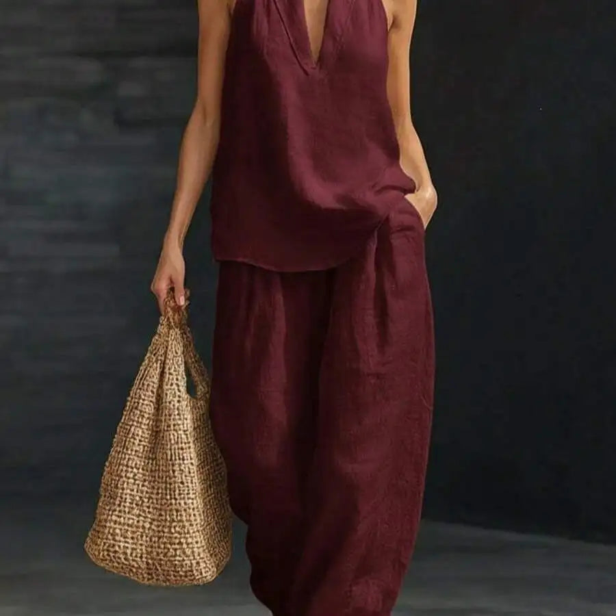 Casual 2 Piece Set Women Halter V Neck Sleeveless Top And Wide Leg Pants