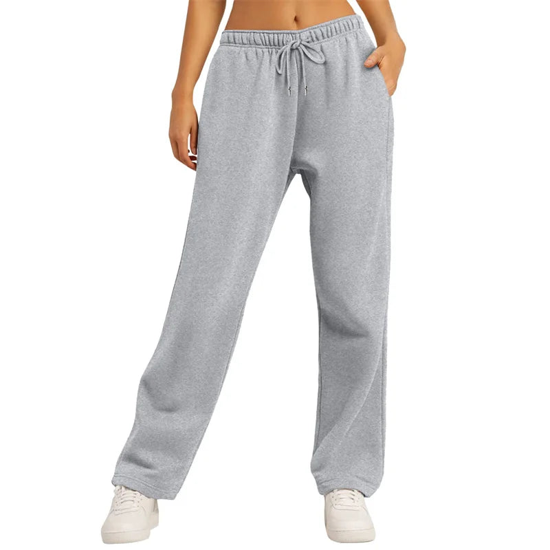 Wide Leg Sweatpants Loose Daily Casual Solid Drawstring High Waist Autumn Winter Women Comfort Trousers