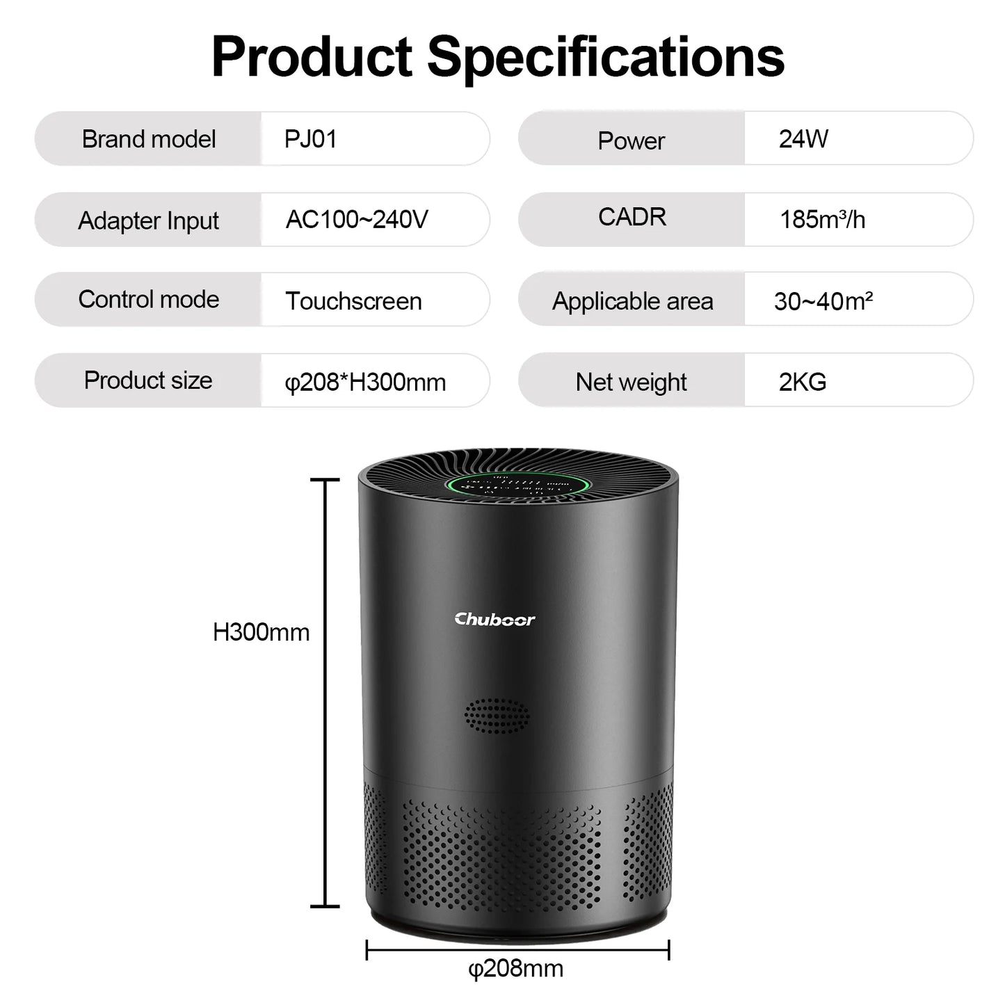 Chuboor Air Purifiers for Home H13 True HEPA for Bedroom Room Kitchen Washroom for Smoke and Dust Pollen Odors PM2.5 Detection 185m³/h CADR Supports Tuya App for 30-40 Square Meters of Clean Purifier Effectively Improve Air