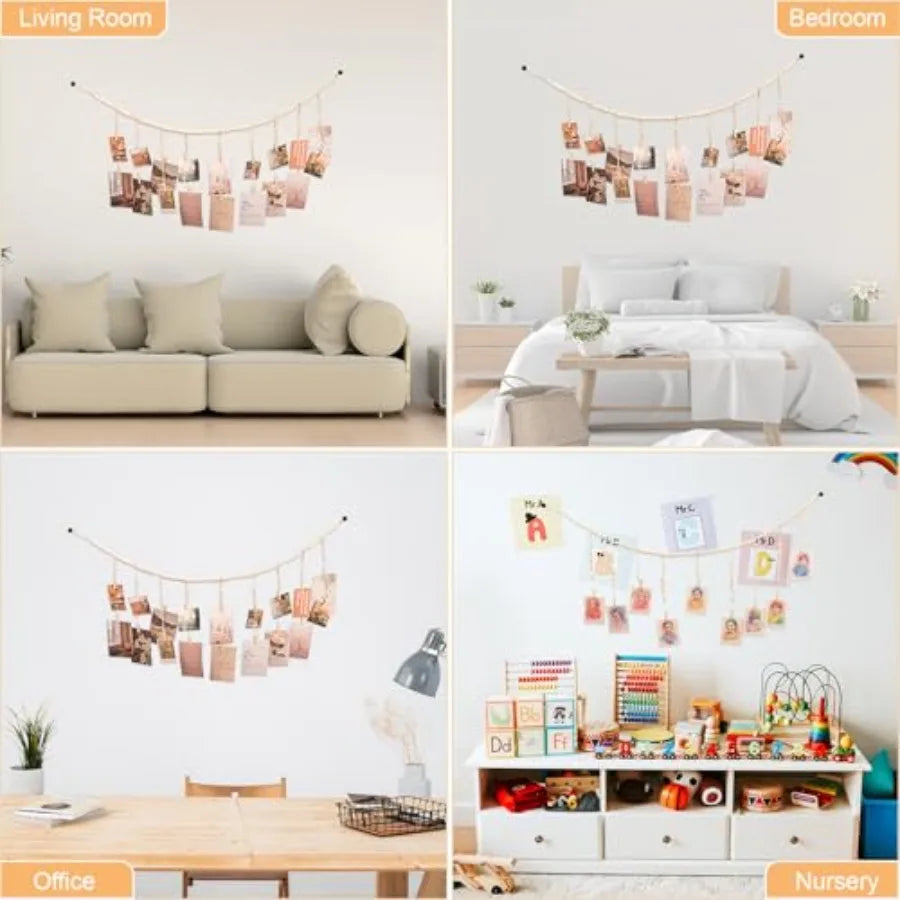 Hanging Photo Display with 18 Wood Clips, Boho Wooden Bead Wall Décor for Bedroom, Living Room, Dorm, Art Picture Display