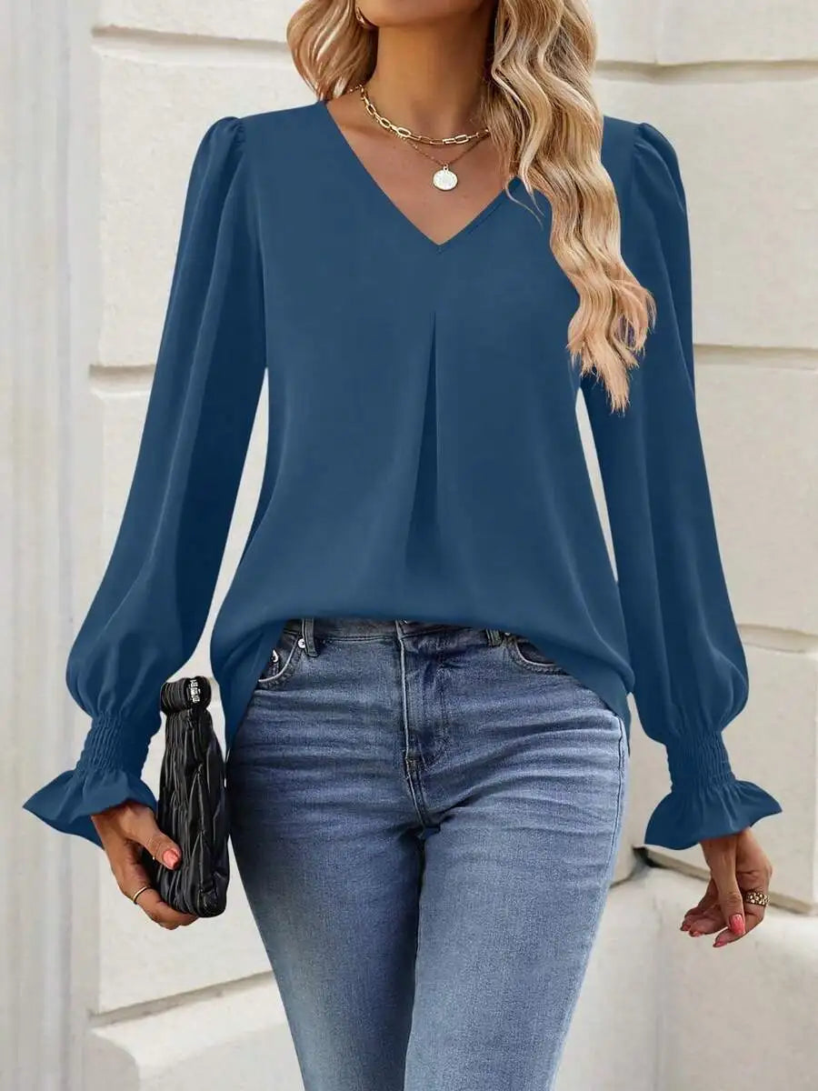 Womens Long Sleeve V Neck Loose Chiffon Blouse Casual Elegant Tunic Top