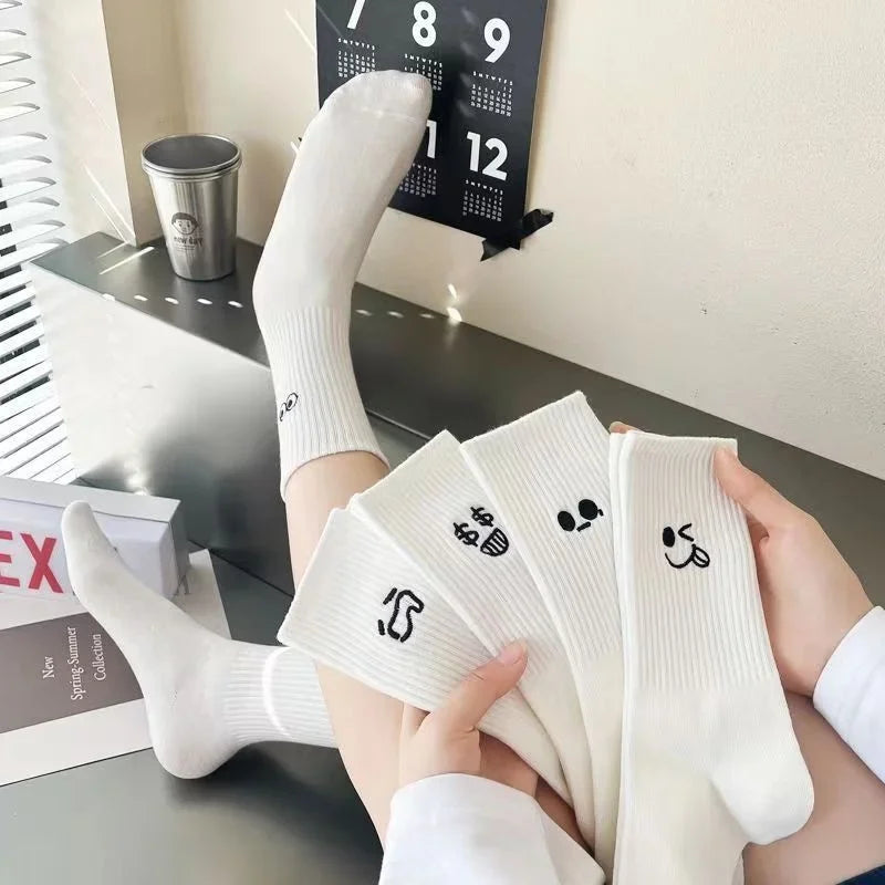 3/ 5 Pairs Women's Cartoon Socks Autumn Girls Cute Funny Expression Pattern Mid Tube Kawaii Casual Breathabl White Female Socks