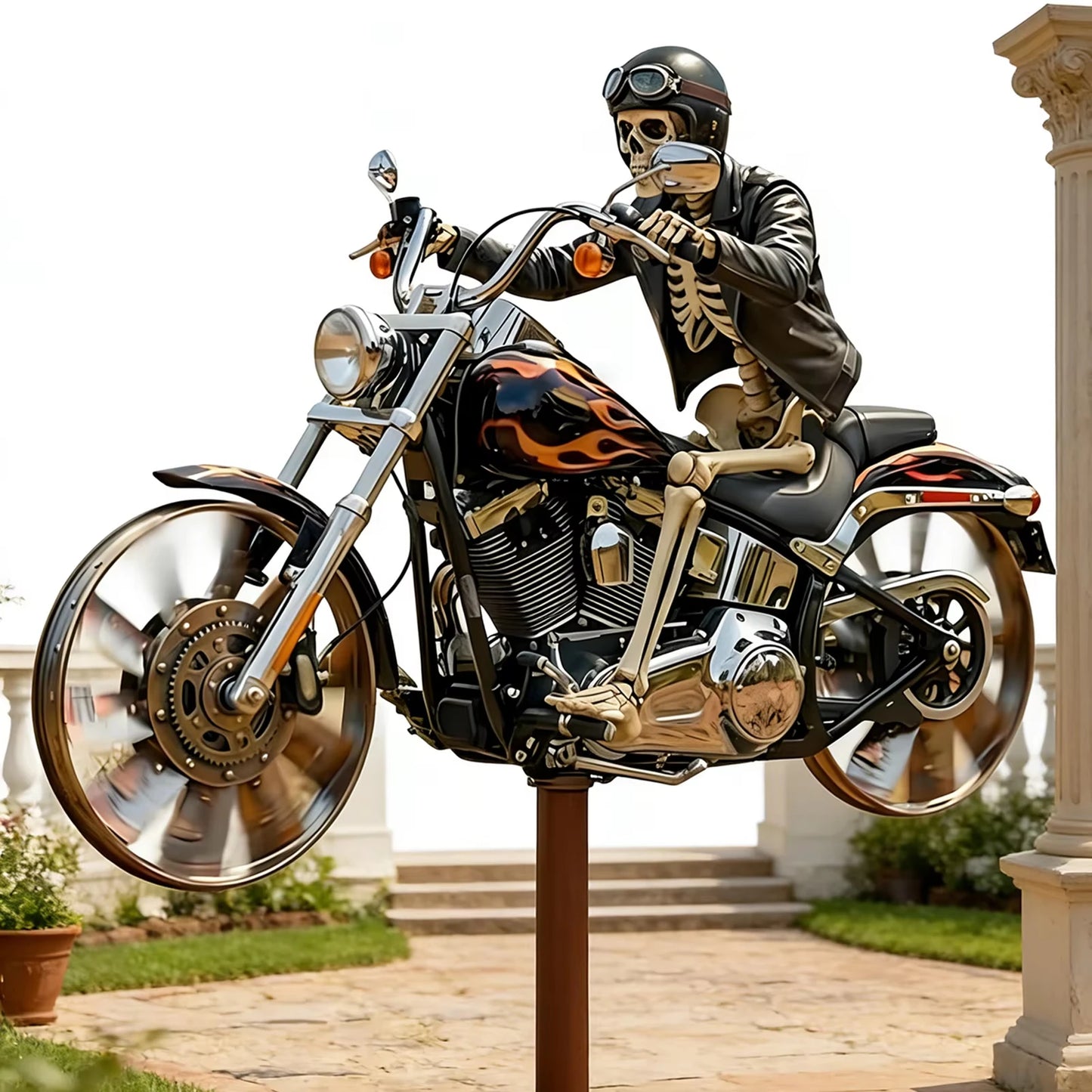 Skeleton Biker Motorcycle Wind Spinner with Rotating Wheel Metal Decorative Pinwheel Windmill for Outdoor Patio Garden Art Decor