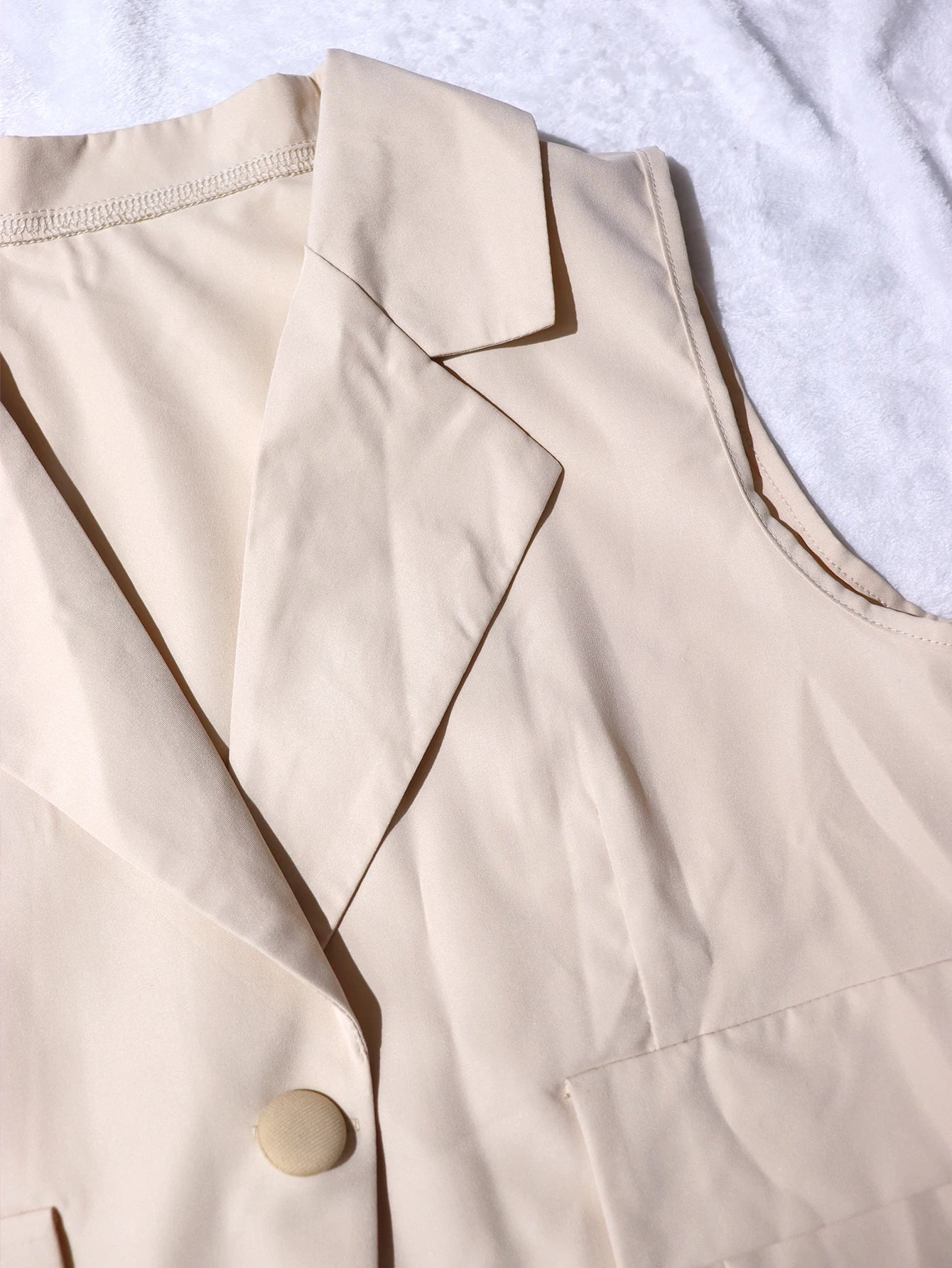2-Piece Beige Lapel Sleeveless Blazer Vest Pleated High Waist Mini Skirt Set Women Office Work Wear Outfit