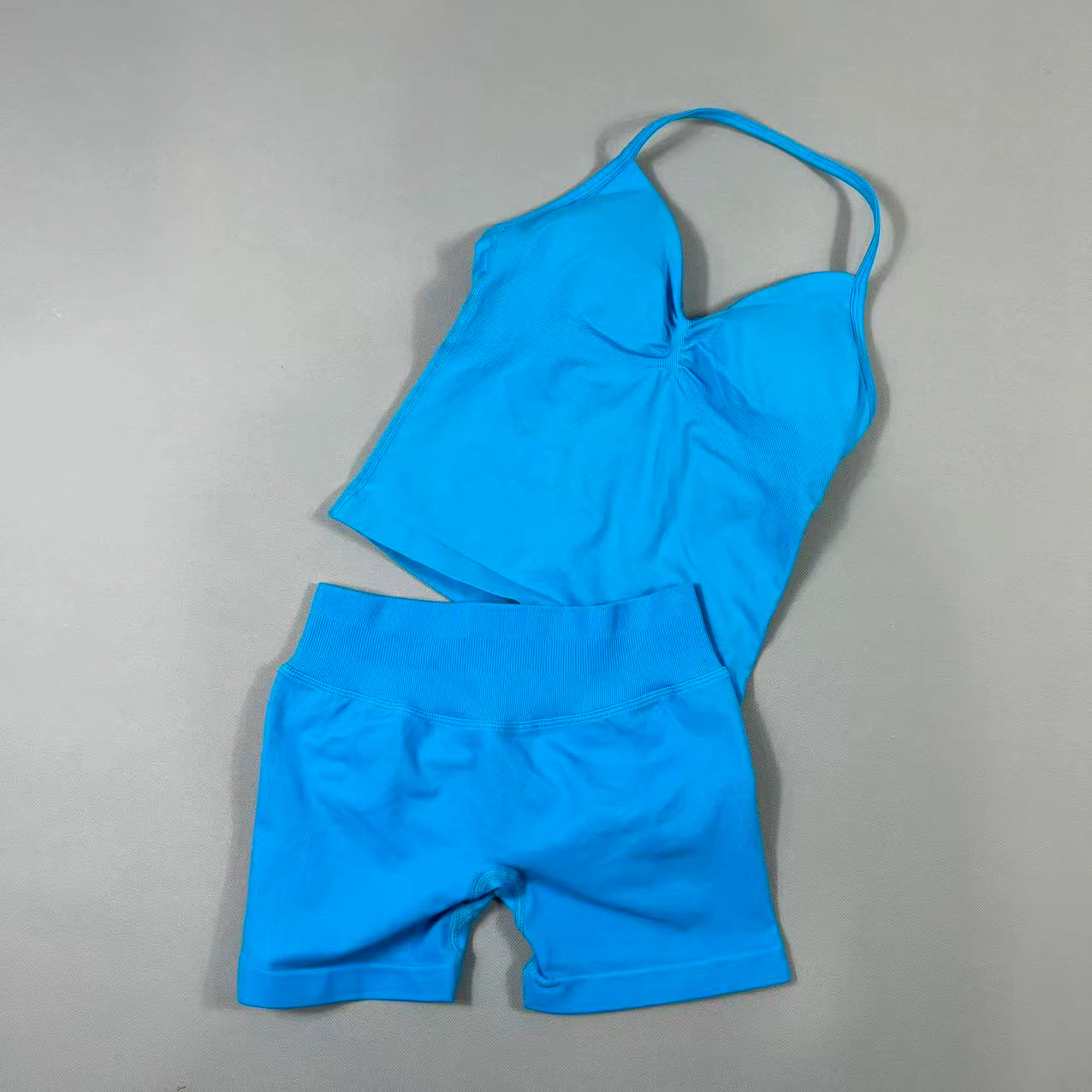 2 Piece UETEEY Sports Set Women Longline Strappy Top Seamless Yoga Tank Scrunch Butt Workout Shorts Suit Gym Sports Sets