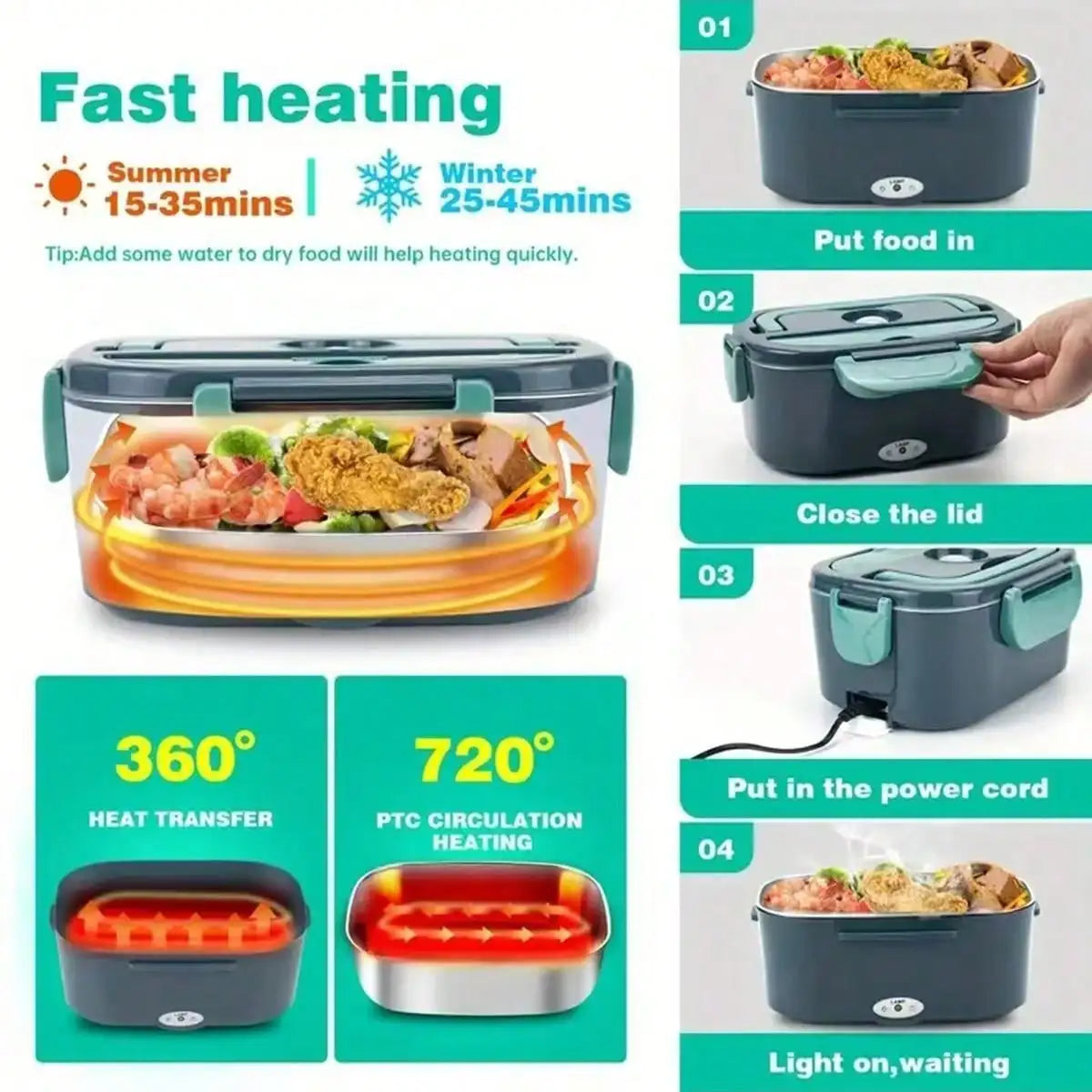Electric Heating Lunch Box; 1.5L 304 Stainless Steel Dual Compartment Food Warmer, 12V Car Use, Portable Heated Bento Box With Fork, Spoon & Insulated Bag, Viral Must-Have For Office, Travel & Road Trips, Perfect Gift For Com