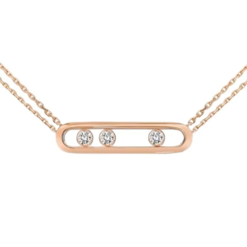 Elegant Three Floating Diamond Oval Slider Necklace, Dainty Rose Gold Double Chain, Luxury Minimalist Fine Jewelry