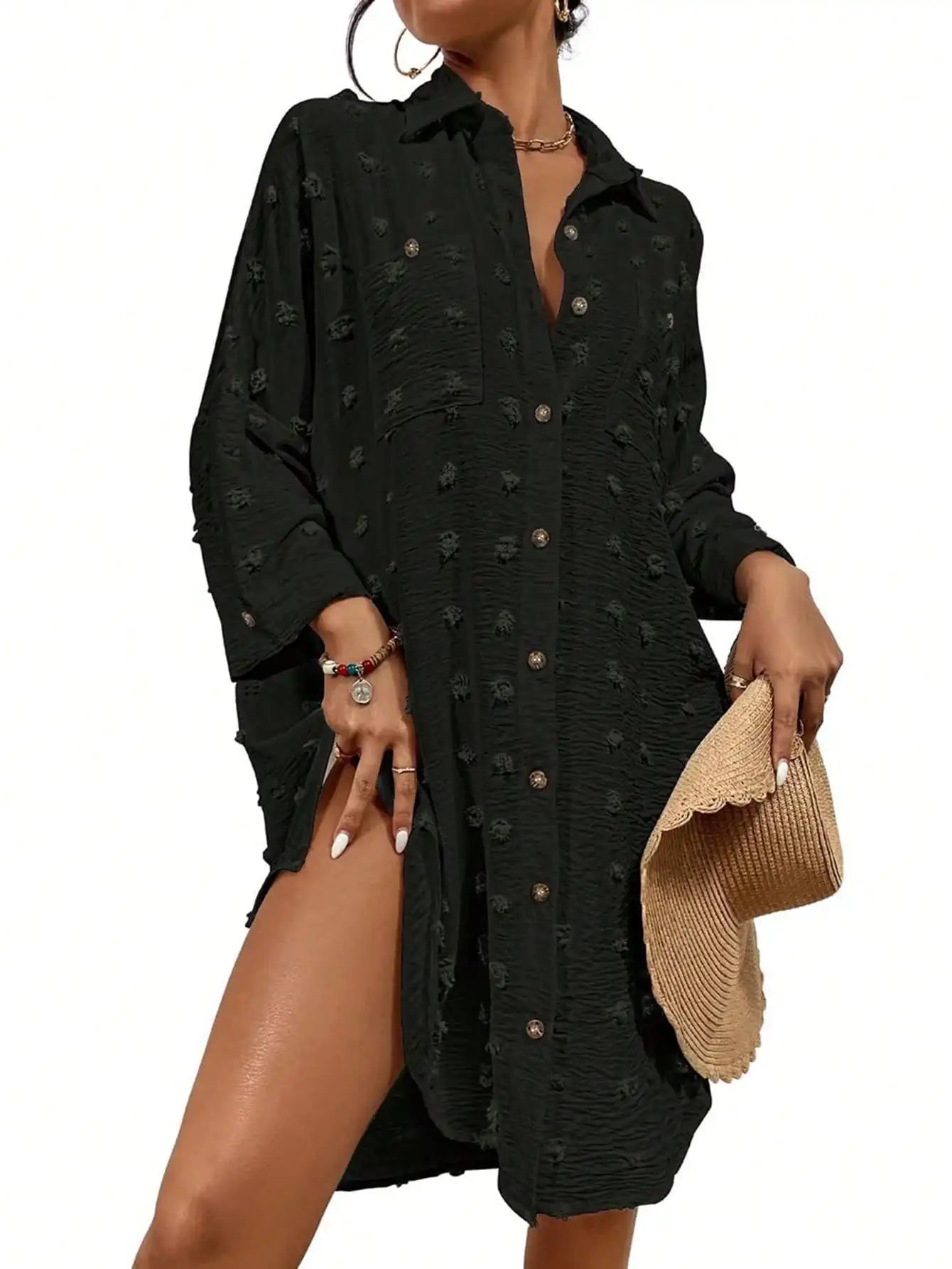 Loose Buttoned Chiffon Cover Up Shirt With Pom Pom Detail For Beach